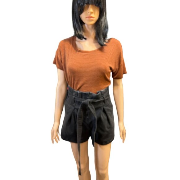 (6 for $25) Mele E Pere High Rise Belted Paperbag Shorts in Black‎ Wash-  Small - Picture 2 of 7
